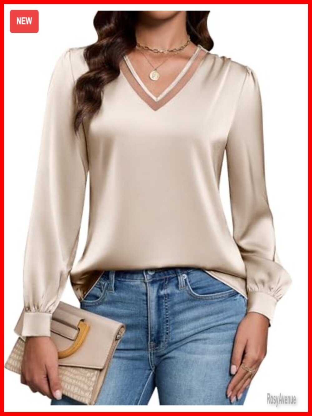 Silk Business Dressy Casual Blouse Mesh V-Neck Long Sleeve Top